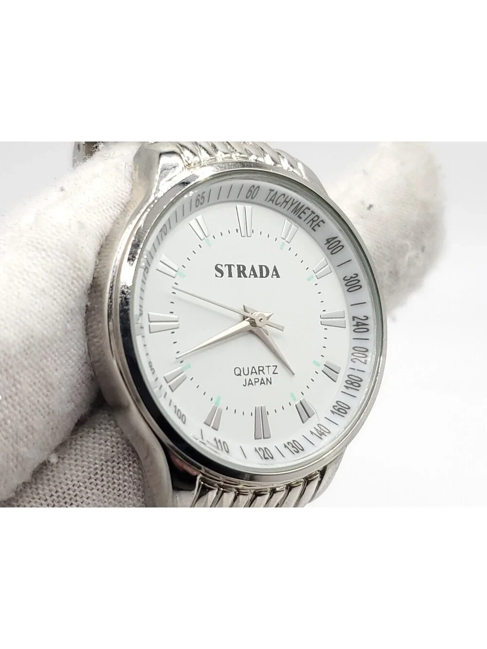 Strada Quartz Womens Watch New Battery Silver Tone Tachymetre White Dial 32mm